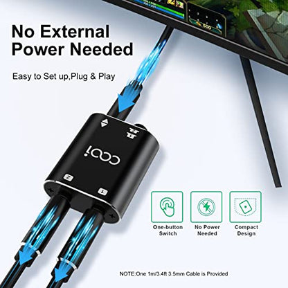 3.5mm Stereo Audio Switcher (1 in 2 Out/2 in 1 Out) | with 3.5mm Audio Cable, 2 Ports AUX Audio Speaker Selector, for PC Phone Laptop Headphone