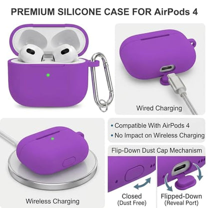 Silicone Case Cover for AirPods 4th Gen, Soft Skin, Full Protection, Keychain, Cleaner Kit (Purple) - color: B2-Purple