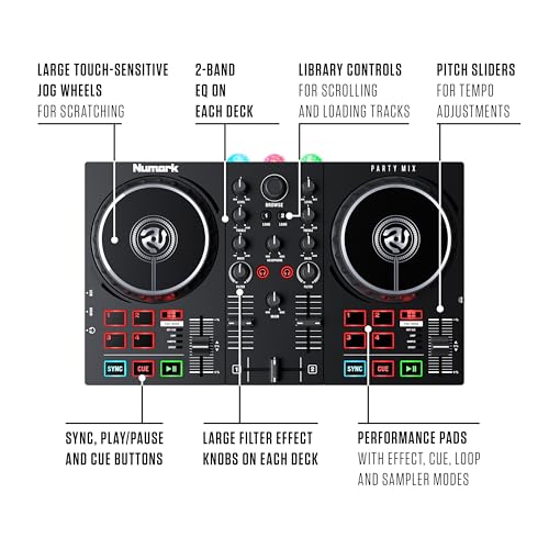 Numark Party Mix II DJ Controller with Built-in Lights | 2-Decks, 2 Filter FX Knobs, DJ Mixer, Touch-Capacitive Wheels, Integrated Audio Interface, and Serato DJ Lite - style: PARTYMIX II