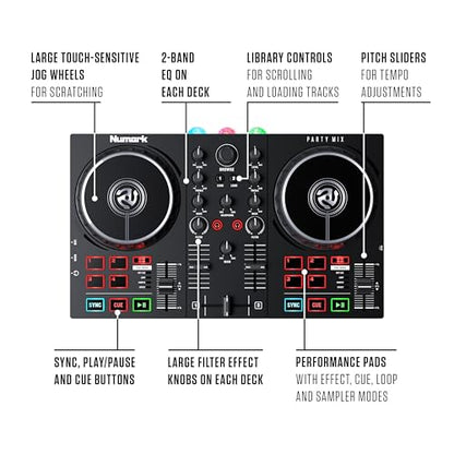 Numark Party Mix II DJ Controller with Built-in Lights | 2-Decks, 2 Filter FX Knobs, DJ Mixer, Touch-Capacitive Wheels, Integrated Audio Interface, and Serato DJ Lite - style: PARTYMIX II