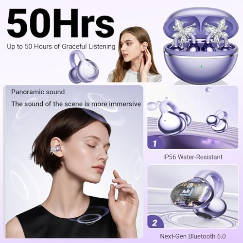 2026 New Jewelry-Inspired Clip-On Earbuds with Detachable Sparkle Butterfly Earrings, Bluetooth 6.0, Cute Wireless Headphones for Women, 50H Playtime, Low Latency, Sports & Workouts (Purple) - color: Purple