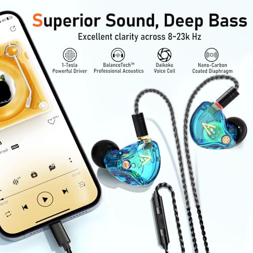 Audiovance Vibes 202ML HiFi 유선 이어버드, 아이폰 14/13/12/11/X, 프로 맥스용 | 마이크가 있는 인이어 헤드폰, 선명한 사운드, 딥 베이스, 소음 차단 이어버드, 실버 도금 코드, 편안한 핏, 케이스 - color: 7-블루.