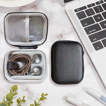 Square Earbud Case PU Leather Storage Box Waterproof Protective Headphone Carrying Bag Wired Headset Case Earphone Organizer Tech Pouch for Wired Wireless Earbud Earpiece Memory Card Camera