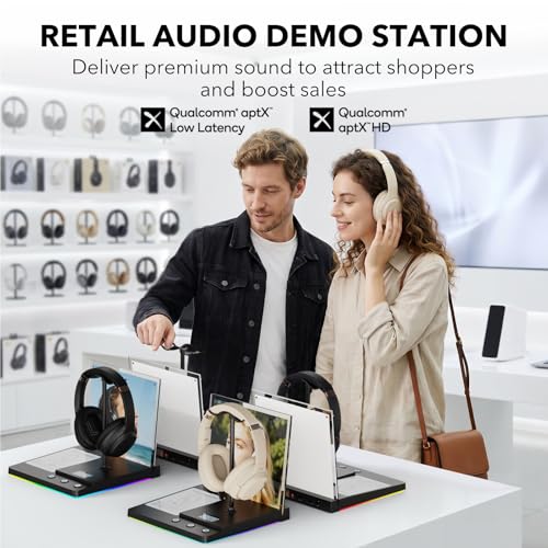 1Mii DemoStation B3+ Bluetooth Audio Demo Stand for Dual Headphones Display | Headset stand for Gaming, Retail Store and Trade Show, RGB Lighting Acrylic Desk Holder with USB-C Charging/Optical/3.5mm AUX