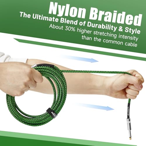 2-Pack 3.3 Feet Tweed braided 1/4 Inch TS Guitar Cables, Black & Green | Strain relief, Anti-kink, no signal loss, fit electric guitar, bass, amp - color: Green, size: 3.3ft