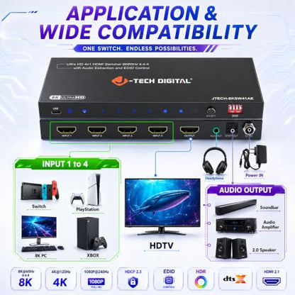 J-Tech Digital 8K HDMI Switch 4 in 1 Out 8K@60Hz 4K@120Hz 1080P@240Hz, HDMI Audio Extraction to Optical & 3.5mm, HDR HDCP 2.3 EDID Control, Compatible with PS5 PS4 Xbox Switch Apple TV Roku Fire TV - style: 4 in 1
