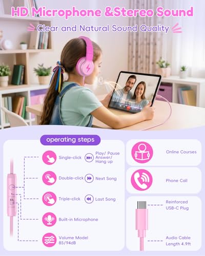 Candy Bila USB C Kids Headphones with Mic, Wired Over-Ear for Boys Girls | 85/94dB Safe Volume, HD Mic Stereo Sound, Foldable Design for School Travel,Compatible USB-C iPads,Tablets, Gradient Pink - color: Gradient Pink