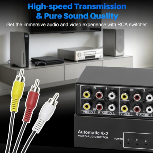 4-Way Composite AV RCA Switcher, 4 in 2 Out Automatic Switch Box | Video L/R Audio Selector 4x2 4 Port AV Selector RCA Switch for HDTV LCD DVD STB Game Consoles (4 in 2 Out) - size: 4 IN 2 OUT