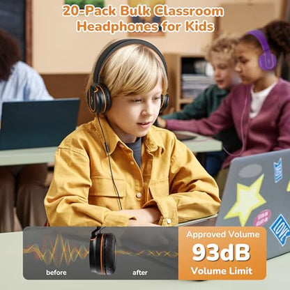 AILIHEN Classroom Headphones Kids Bulk 20-Pack with Mic for School, 93dB | Volume Limited K-12 On-Ear Durable Wired Headset for Students Children, 3.5mm Jack for Chromebooks Tablets Laptop Computer - color: 20Pack