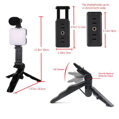 HuaerHui Vlogging Starter Kit with Mini LED Video Light + Shotgun Microphone + Universal Cellphone Holder Clip + Pistol Grip Tripod Compatible with Smart Phones/Cameras
