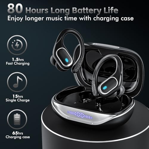 HAOYUYAN Wireless Earbuds Bluetooth 5.3 Headphones with 80H Playback, IPX7 Waterproof Over Ear Buds with LED Power Display for Sports Running Workouts Gray Black - color: Gray Black