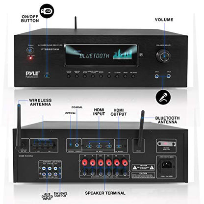 Pyle 1000W Bluetooth Home Theater Karaoke Receiver - 5.2-Ch Stereo Amplifier 2 UHF Wireless Microphone Video Pass-Through Supports, MP3/USB/HDMI/AM/FM Radio - Pyle PT888BTWM.5