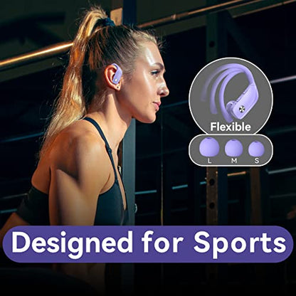 bmani Ear Buds Wireless Earbuds Bluetooth Headphones with 80H Playtime LED Display Case, Over-Ear Hook with Mic, Stereo Sound, Easy Button Controls, Sports Earphones for Running Workout Gym Purple - color: Purple, style: Standard