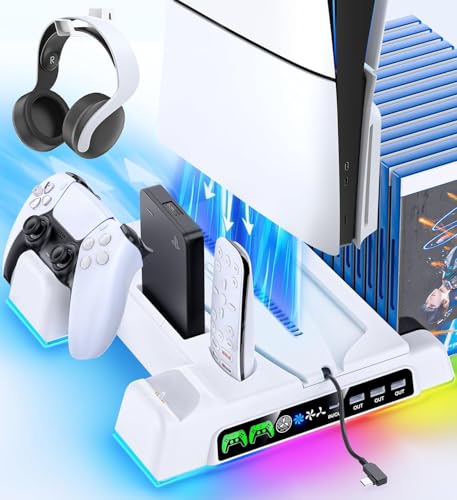 Cooling Stand for PS5/ Slim/Pro Disc & Digital Console, PS5 Cooling Station with Dual Controller Charging Station for PlayStation 5 Console, P S5 Accessories Stand with AUTO Adjustable Fan - color: White