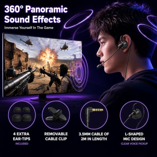 Wired Gaming Earbuds with Mic, Deep Bass in-Ear Headphones for PS5 PC Online Class(Black) - color: Black