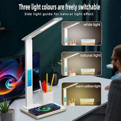 IHAO 7in1 Smart Desk Lamp with Wireless Charger & Digital Clock | 15W Fast Charging for Phone & Earbuds, Time/Date/Temp Display, Alarm, 3 Light Modes, USB Port, Detachable Pen Brush Pot-HYT1771 Black - color: Table Lamp with Brush Pot HYT1771 Black