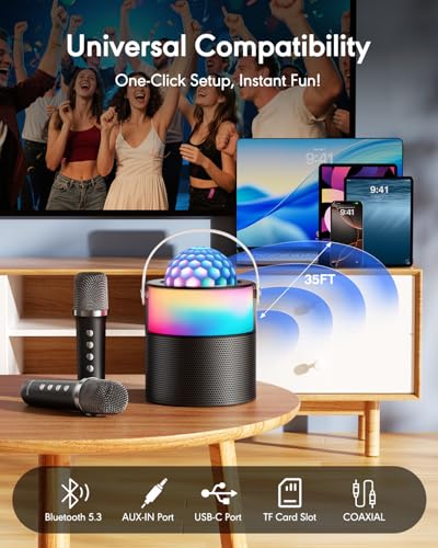 Karaoke Machine with Disco LED Lights for Adults Kids, Portable Bluetooth Speaker with 2 Wireless Microphones, Easter Birthday Gifts for Boys Family Home Party Basket Stuffers (Black) - color: Black