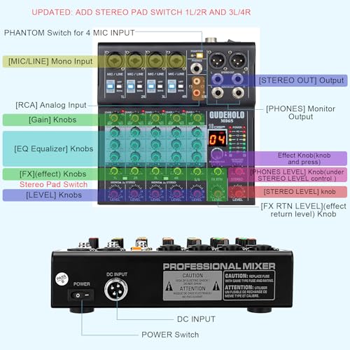 6-Channel Stereo Audio Mixer with Stepped Knobs, Mini Sound Board with 2 True Stereo Inputs, Mono/Stereo Switch, Precise Detented Pots, 16 DSP Effects, 48V Phantom for Keyboards, Studio