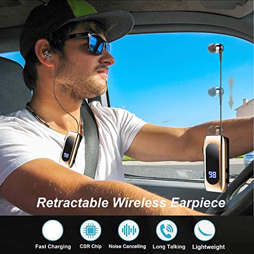 Retractable Wireless Headset Headphone Stereo Earphone V5.0 Noise Cancelling Mic Clip on Earpiece Comfortable HandsFree Headset 20Hrs Talking Time Sports Business Trucker Driver Earbud - color: Gold