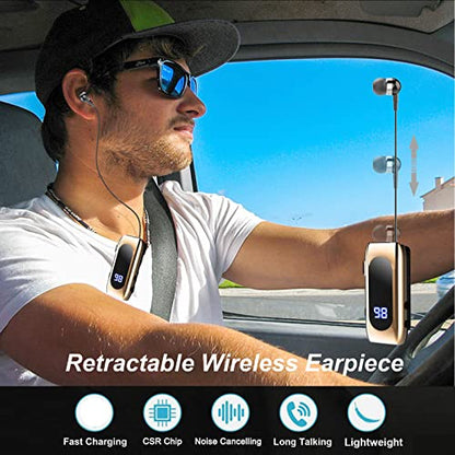 Retractable Wireless Headset Headphone Stereo Earphone V5.0 Noise Cancelling Mic Clip on Earpiece Comfortable HandsFree Headset 20Hrs Talking Time Sports Business Trucker Driver Earbud - color: Gold
