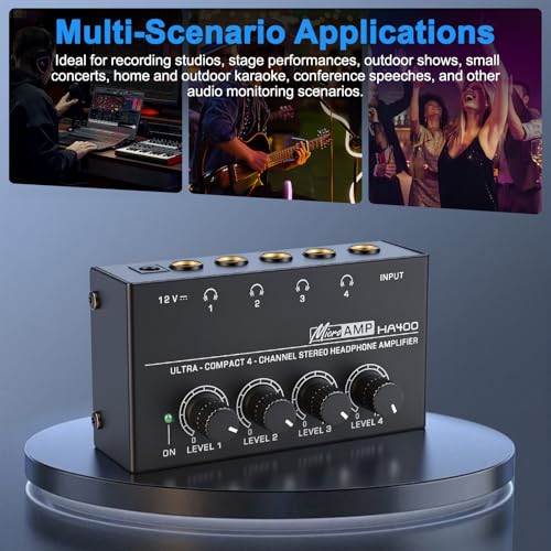 4 Channel Headphone Amplifier, Mini Metal Stereo Audio Amp with 1/4" TRS Input & 4 TRS Outputs, 12V Power Adapter, Portable Headphone Splitter Amplifier for PC, Guitar, Studio, Stage
