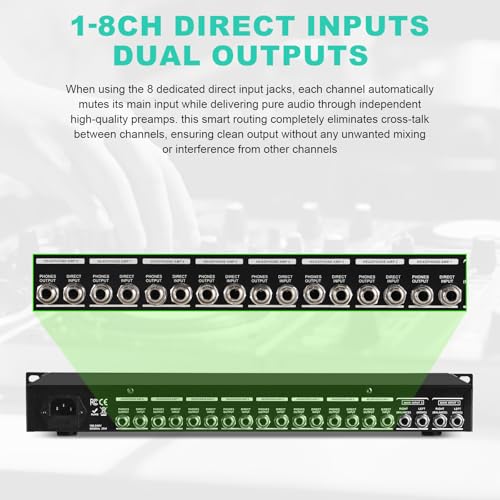 8-Channel Headphone Mixing Distribution Amplifier, Mountable High-Power Headphone Splitter Amp with Mono/Stereo Modes, 16 Headphone Outs, LED Meters for Studio & Live Sound Monitoring