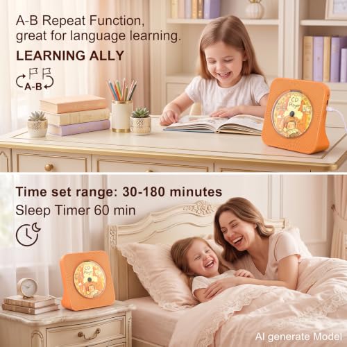 Gueray Portable CD Player with Bluetooth, CD Player with Speaker for Home | Plug-in desktop use,2-way Bluetooth mode, 3W speakers, FM radio, sleep timer, A-B repeat,USB/AUX - color: Orange