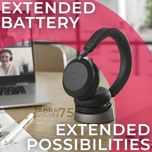 Jabra Evolve2 75 Wireless Headset Stereo UC w/Charging Headset Stand, USB Dongle, Compatible w/Zoom, RingCentral, Smartphones, Tablets, PC/MAC, 27599-989-989, w/Gold Support Plan and Mobile Wallet - color: Black, style: Evolve2 75 Plus STAND