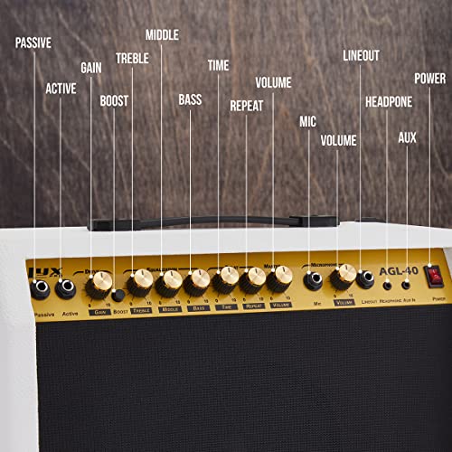 LyxPro 40 Watt Electric Guitar Amplifier | Solid State Studio Amp with 8” 4-Ohm Speaker, Custom EQ Controls, Drive, Delay, ¼” Passive/Active/Microphone Inputs, Aux in & Headphone Jack - White - color: White, size: 40 Watt