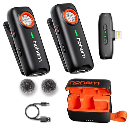 hohem MIC-01 Wireless Lavalier Lapel Microphone for iPhone iPad, with Noise Cancellation,MFi Certified,Remote Contro,Built-in Storage,20H Battery Life, Wireless Microphone for Live Stream