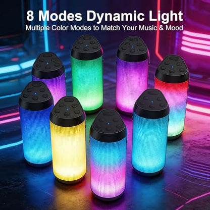 Bluetooth Speaker, Portable Wireless, 20W HD Stereo Loud Sound, 8 Modes LED Light Show, 30H Playtime, IPX4 Waterproof, TWS Pairing, Built-in Mic, BT5.3, for Outdoor, Party, Travel, Home, Ideal Gifts