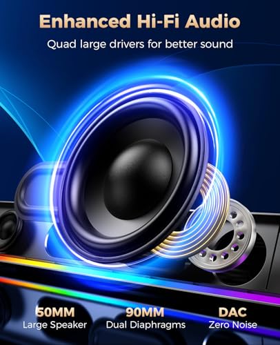 Kunodi Computer Speakers for Desktop PC, HiFi Stereo PC Speakers with Volume Knob, Colorful Lights, Plug & Play Wired USB/USB-C Powered for Desktop, Computer, Laptop