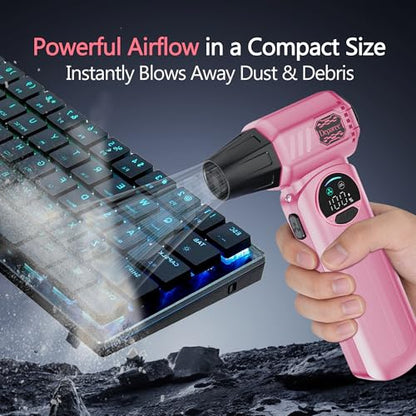 B50 Compressed Air Duster & Vacuum Cleaner, 0.6 lb Lightweight Powerful Mini Blower, Smart Display & Variable Speed, Rechargeable Air Duster for Keyboard, PC, Computer,Vanity, Desk, Car & Home – Pink - color: Pink