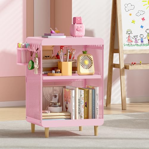 SYKIARIOL Kids Nightstand for Girls, 3-Tier Storage Shelf, Pink | Metal Bedside Table with 4 Hooks & Hanging Basket, Toddler Night Stand for Bedroom - color: Classic Pink