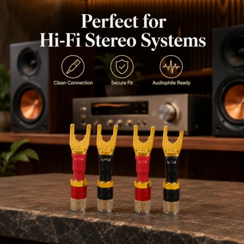 Spade to Banana Adapter, 24K Gold 4-Pack | Y Terminal Speaker Wire Connector for Amplifier & Receiver