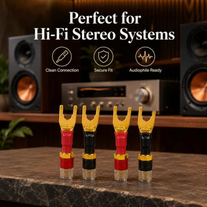 Spade to Banana Adapter, 24K Gold 4-Pack | Y Terminal Speaker Wire Connector for Amplifier & Receiver