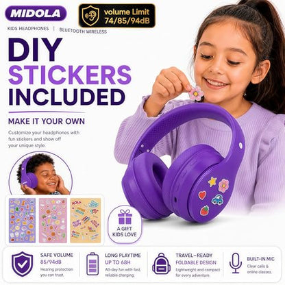 Kids Bluetooth Headphones Wireless 68 Hours,Safe Volume Limit 85/94dB | Adjustable Headband Foldable Over-Ear Lightweight Headsets for Toddler Girls Boys Tablet/iPad,HD Stereo,Built-in Mic,Purple - color: Purple