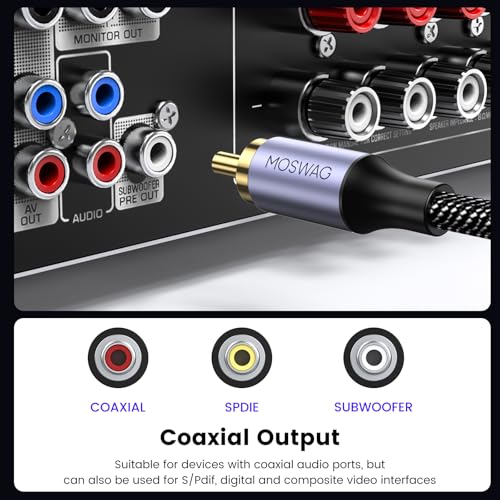 MOSWAG RCA to RCA Cable Coaxial Audio Cable Single RCA Cord for Subwoofer | Male to Male RCA 24K Gold Plated Nylon Braided Shielded OFC Audio Cord for Home Theater Car DVD PS3 Wii Speaker Amp Receiver - size: 6 FT/2M