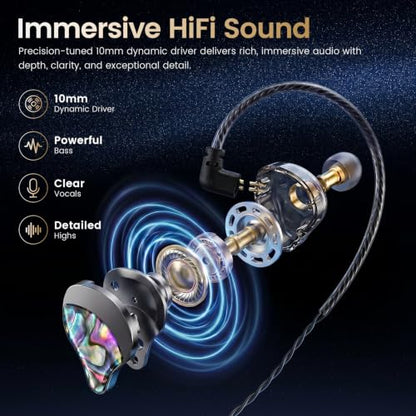 HIFI WALKER A20 IEM Earbuds, 10mm Dynamic Driver in Ear Monitor Headphones, HiFi Wired Earphones with Deep Bass & Clear Vocals, Noise Isolating IEM for Music, Gaming & Studio (No Mic), Black - color: Black