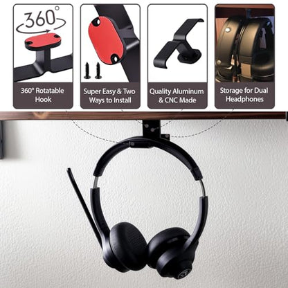 Heran Under Desk Headphone Holder, Adjustable Aluminum Hook with 360° Rotatable Dual Headset Stand Hanger, Space-Saving Solution for Home Gaming & Office Setup, Easy Installation, Black