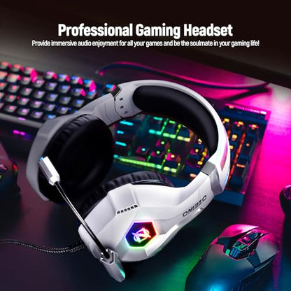 Ozeino Gaming Headset for PC, Ps4, Ps5, Xbox Headset with 7.1 Surround Sound Gaming Headphones with Noise Canceling Mic, LED Light Over Ear Headphones for Switch, Xbox Series X/S, Laptop, Mobile White - color: White