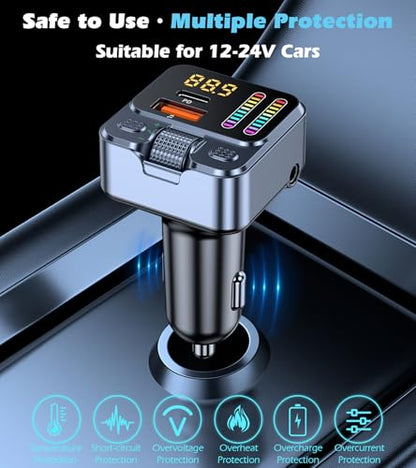 Bluetooth 5.3 Car Adapter with FM Transmitter 42W PD Fast Charging | Bluetooth AUX USB Music Receiver HandsFree Calls, Beat Sync LED Lights for Car Stereo, Compatible with 12V-24V Vehicles