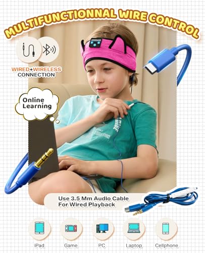 KIDSBAND Kids Headband Headphones, Baby Headphones, Wireless and Wired Playback 3.5 MM Jack for School, Foldable Adjustable Children Headset for Girls Boys,Kindle Tablet Cellphones Airplane Travel - color: RoseRed