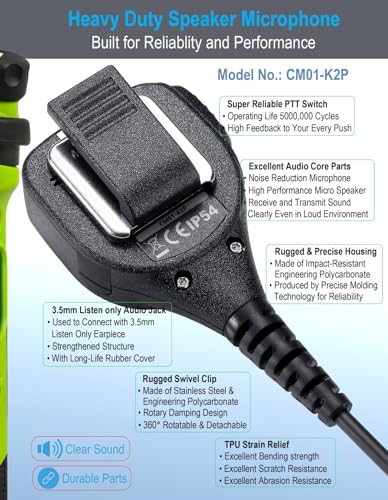 commountain 2-Pin Speaker Mic for Baofeng Walkie Talkies Radios | Fits UV-5R BF-F8HP UV-82HP and more, Shoulder Microphone with Clear Audio, Rugged Build, Reinforced Cable, Swivel Clip - color: Black