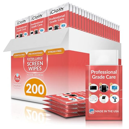 iCloth 70% Isopropyl Alcohol XL Screen and Electronics Wipes, Lint-Free, Streak-Free, Fast-Drying, Removes Dust and Fingerprints (200 Wipes) - size: XL Wipes – 9x12 in / 23x30 cm