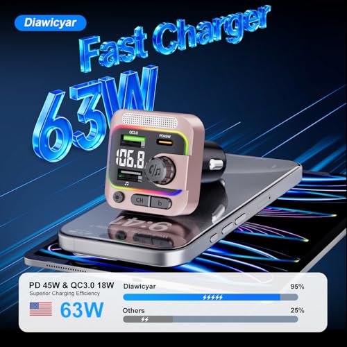 63W FM Transmitter Bluetooth Car Adapter, Wireless FM Bluetooth Transmitter | [PD 45W & QC3.0] Fast Charge, Deep Bass Player, Hands-Free Calling, Pink - color: Pink