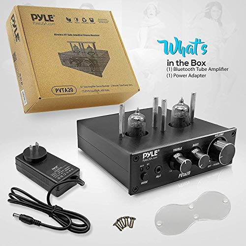 Pyle Bluetooth Tube Amplifier Stereo Receiver - 600W Home Audio Desktop Stereo Vacuum Tube Power Amplifier Receiver w/ 2 Vacuum Tubes, AUX/MP3/Microphone Inputs, Pure Copper Speaker Output - PVTA20 - style: Mini Tube Amplifier