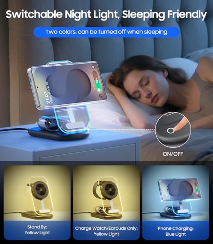 Meifigno 3 in 1 Foldable Wireless Charging Station for Samsung, Magnetic Charger Stand with On/Off Night Light for Galaxy S26/S25/Z Fold 7/Z Flip 7, Watch Charger for Galaxy Watch Ultra 8, for Buds