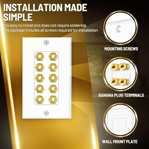 TNP Speaker Wall Plate for 1 Speaker, Banana Plug, Single Gang, White | Speaker Wire Wall Outlet with Gold-Plated Binding Posts for Spades or Bare Wire; for Home Theater and Surround Sound Setups - size: 5-Speaker