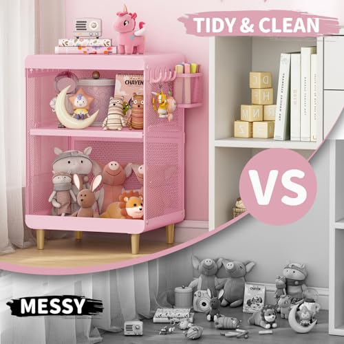 SYKIARIOL Kids Nightstand for Girls, 3-Tier Storage Shelf, Pink | Metal Bedside Table with 4 Hooks & Hanging Basket, Toddler Night Stand for Bedroom - color: Classic Pink